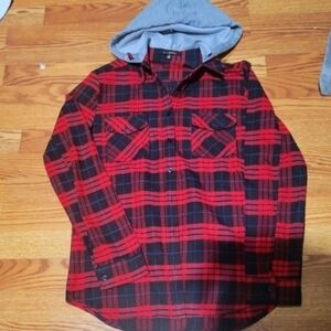 Red and Black Plaid Hooded Shirt